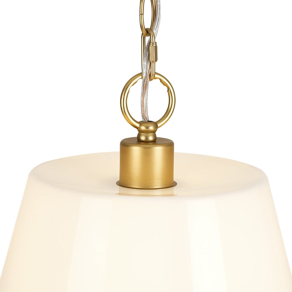 Modern Ivory White Conical Glass Single Pendant, Brass Finish, Dimmable