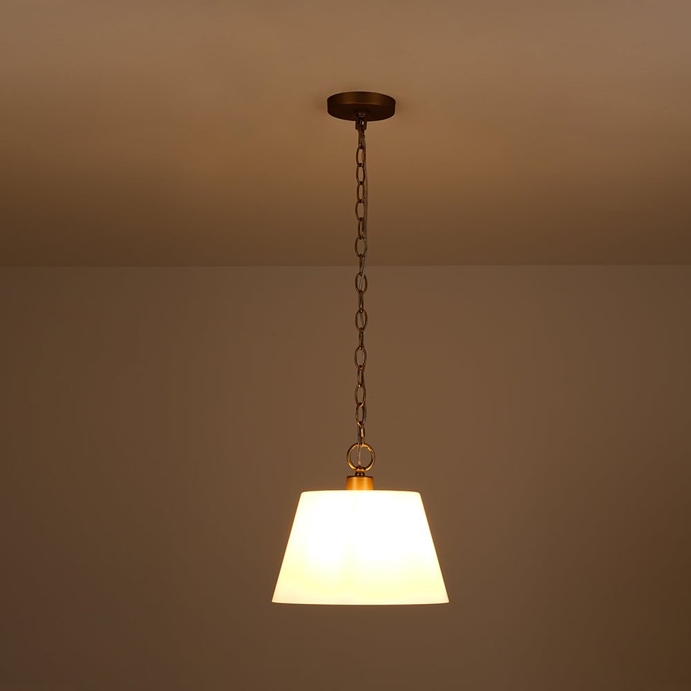 Modern Ivory White Conical Glass Single Pendant, Brass Finish, Dimmable