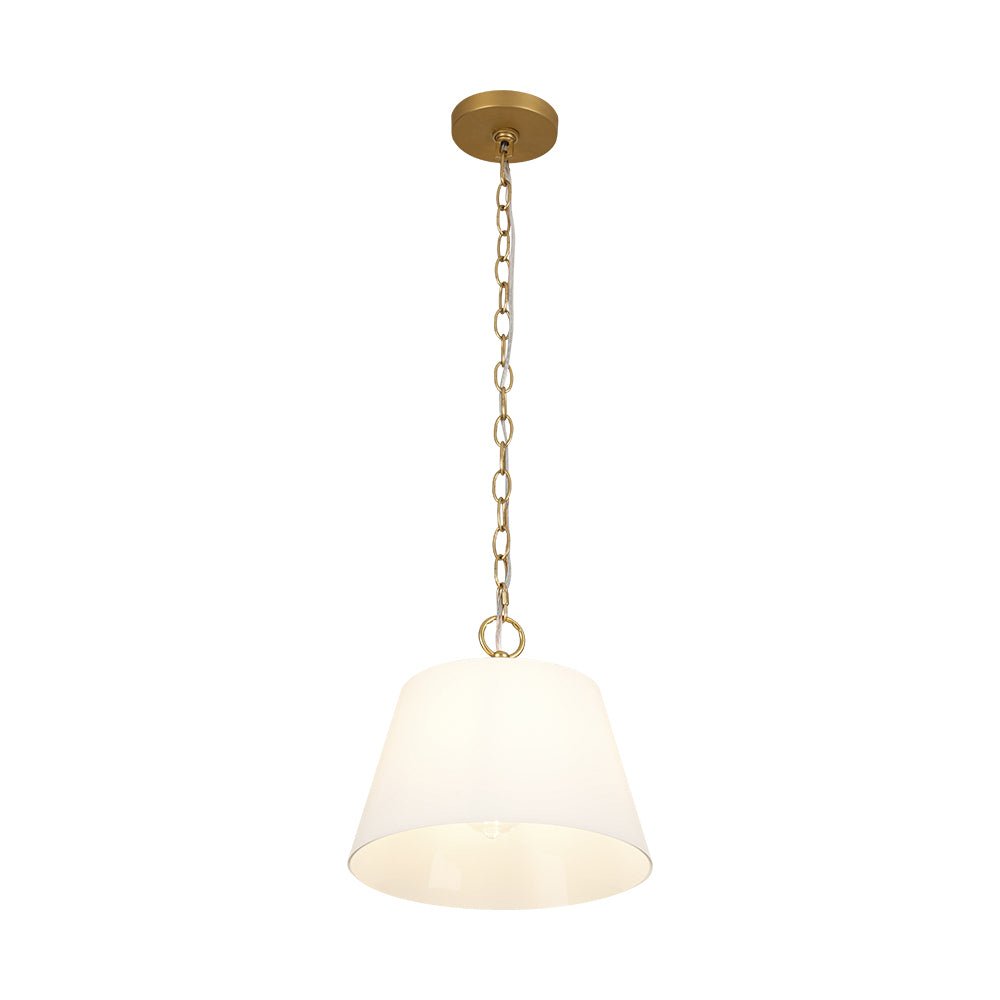 Modern Ivory White Conical Glass Single Pendant, Brass Finish, Dimmable