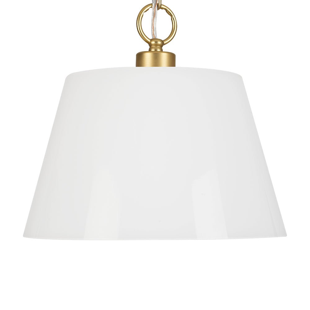 Modern Ivory White Conical Glass Single Pendant, Brass Finish, Dimmable