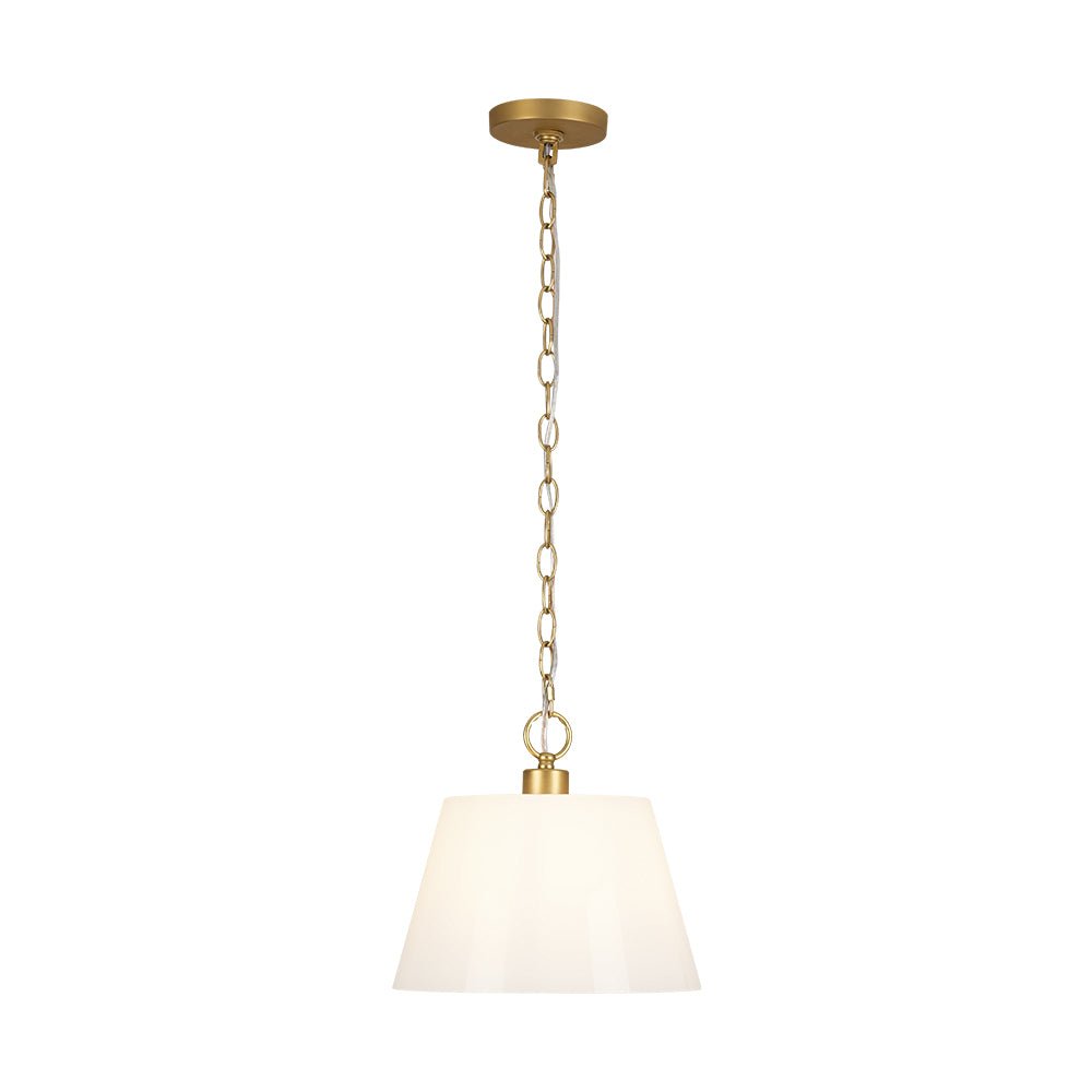 Modern Ivory White Conical Glass Single Pendant, Brass Finish, Dimmable