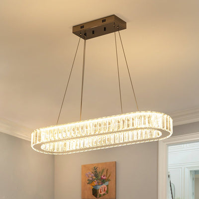 Modern Oval Loop Crystal LED Pendant Light, Dimmable Chrome Linear Chandelier Fixture
