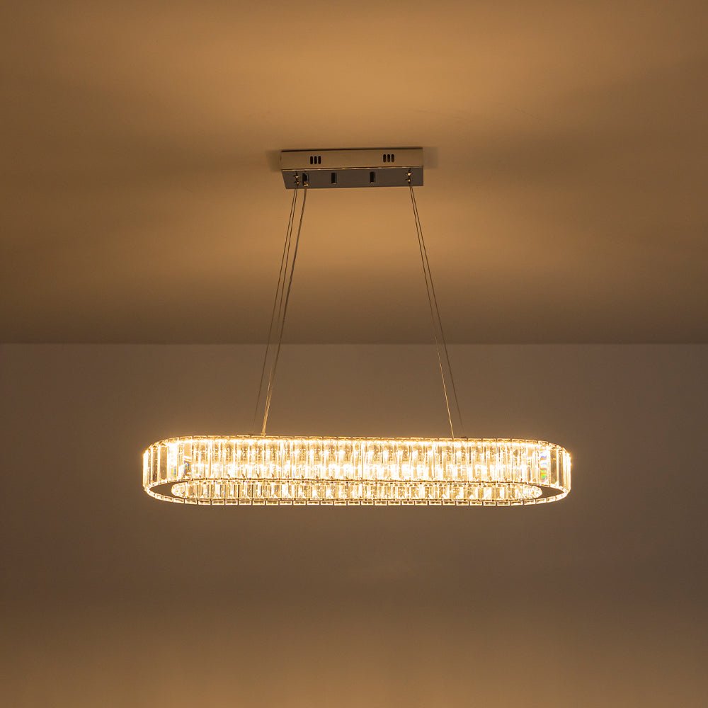 Modern Oval Loop Crystal LED Pendant Light, Dimmable Chrome Linear Chandelier Fixture