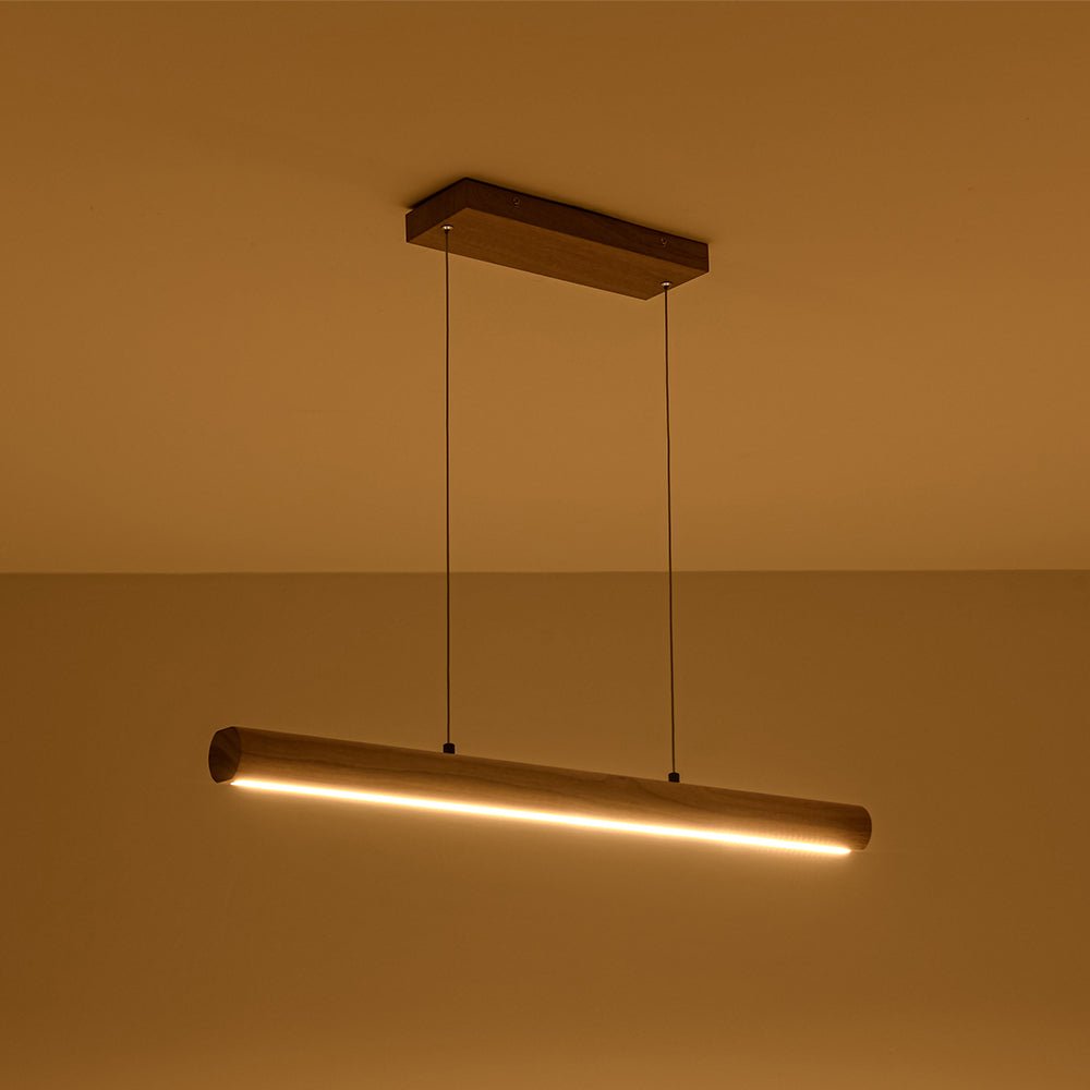 Modern Rustic Dimmable LED Pendant Chandelier, Long Oak Wood Design Fixture