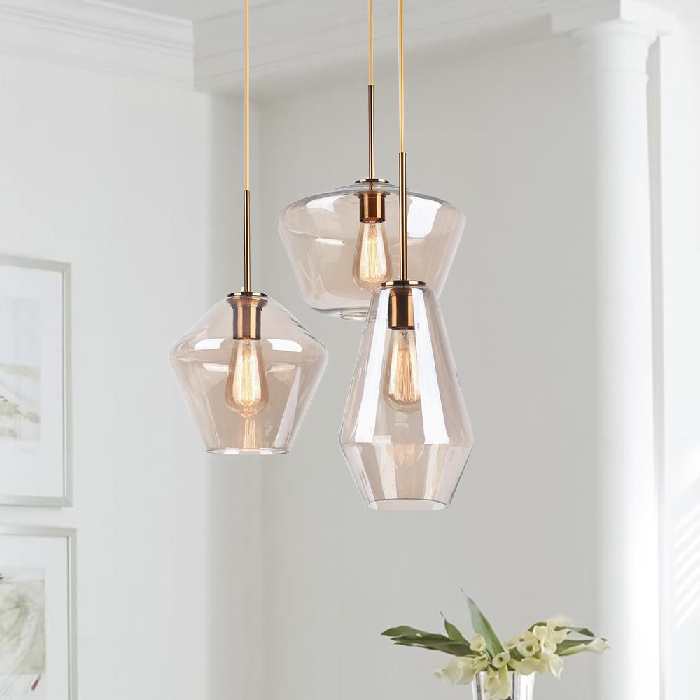 Modern Sculptural Glass Pendant Light Fixture, Adjustable, Clear/Amber, Dimmable