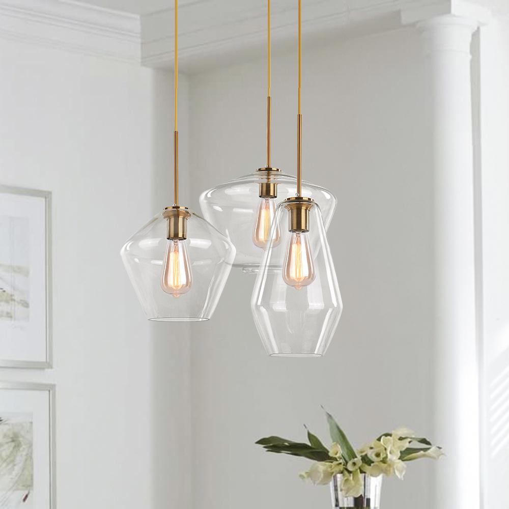 Modern Sculptural Glass Pendant Light Fixture with Adjustable Cable Brass Finish