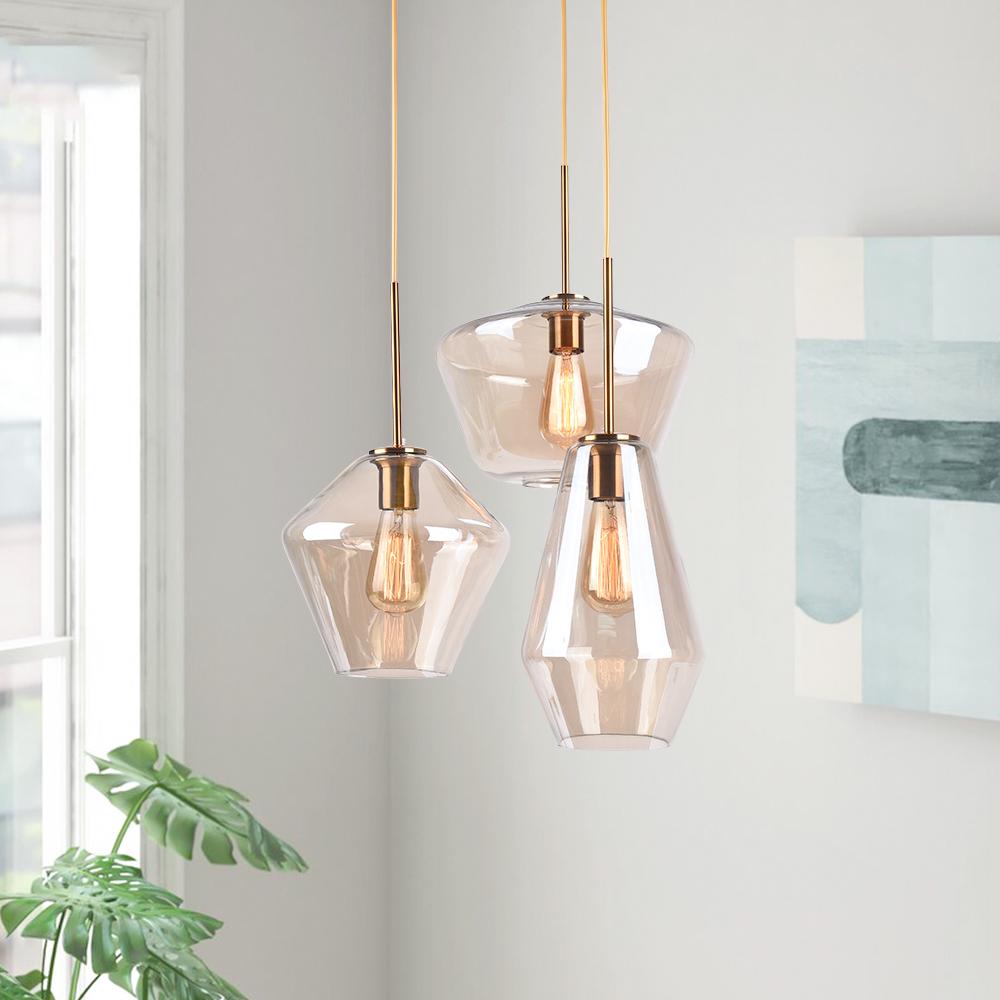 Modern Sculptural Glass Pendant Light Fixture with Adjustable Cable Brass Finish