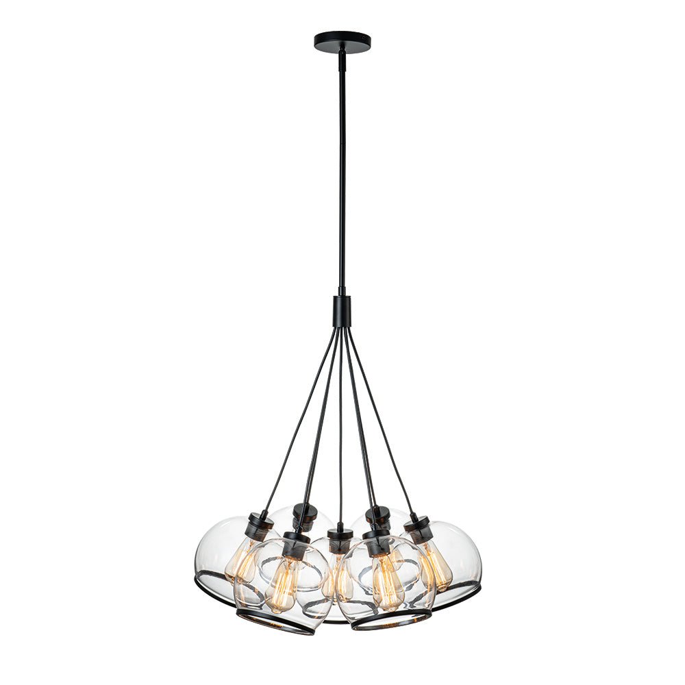 Modern Sculptural Hand-Blown Clear Glass Multi-Light Pendant Chandelier, Dimmable Black Finish