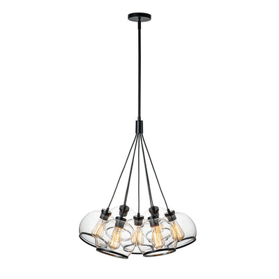 Modern Sculptural Hand-Blown Clear Glass Multi-Light Pendant Chandelier, Dimmable Black Finish