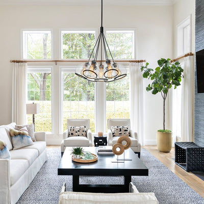 Modern Sculptural Hand-Blown Clear Glass Multi-Light Pendant Chandelier, Dimmable Black Finish