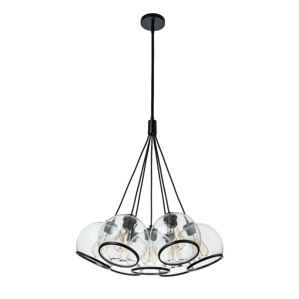 Modern Sculptural Hand-Blown Clear Glass Multi-Light Pendant Chandelier, Dimmable Black Finish