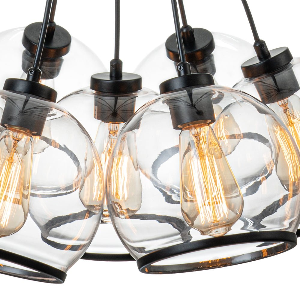Modern Sculptural Hand-Blown Clear Glass Multi-Light Pendant Chandelier, Dimmable Black Finish