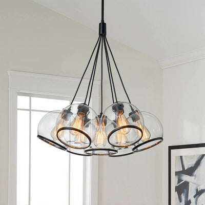 Modern Sculptural Hand-Blown Clear Glass Multi-Light Pendant Chandelier, Dimmable Black Finish
