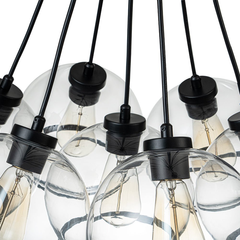 Modern Sculptural Hand-Blown Clear Glass Multi-Light Pendant Chandelier, Dimmable Black Finish