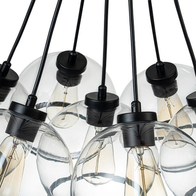 Modern Sculptural Hand-Blown Clear Glass Multi-Light Pendant Chandelier, Dimmable Black Finish