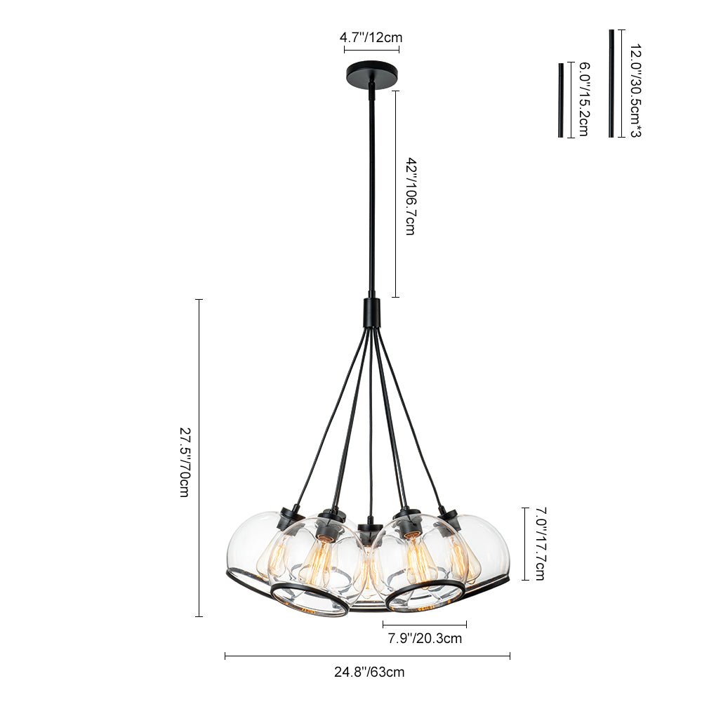 Modern Sculptural Hand-Blown Clear Glass Multi-Light Pendant Chandelier, Dimmable Black Finish