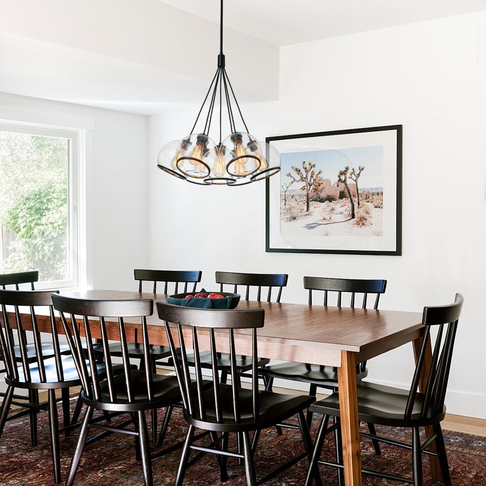 Modern Sculptural Hand-Blown Clear Glass Multi-Light Pendant Chandelier, Dimmable Black Finish