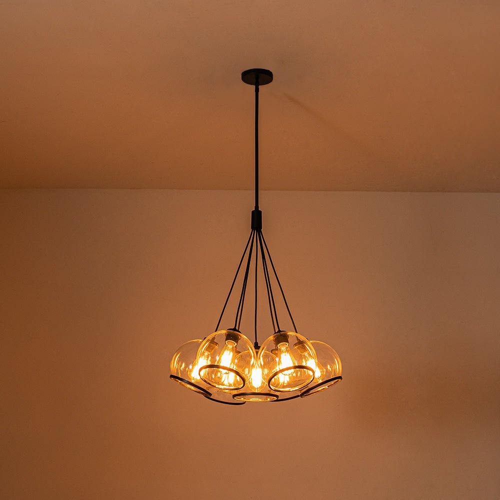 Modern Sculptural Hand-Blown Clear Glass Multi-Light Pendant Chandelier, Dimmable Black Finish