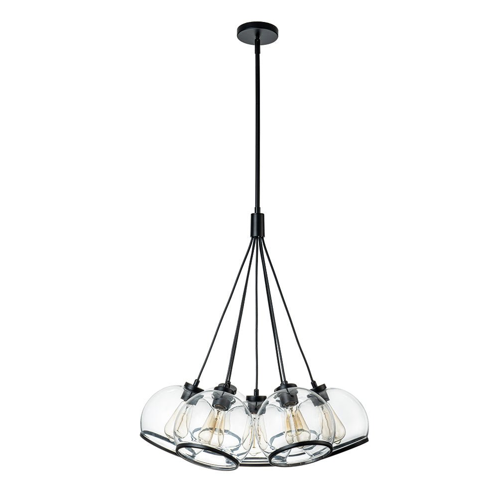 Modern Sculptural Hand-Blown Clear Glass Multi-Light Pendant Chandelier, Dimmable Black Finish