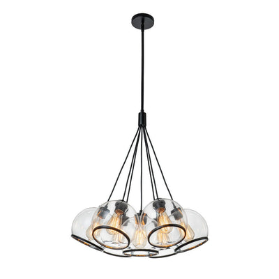 Modern Sculptural Hand-Blown Clear Glass Multi-Light Pendant Chandelier, Dimmable Black Finish