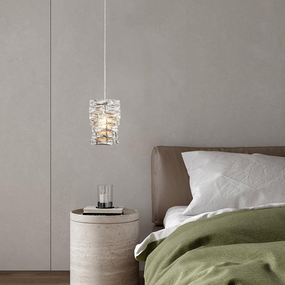 Modern Crystal Mini Pendant Chandelier, Single-Light, Adjustable Cable, Chrome Finish