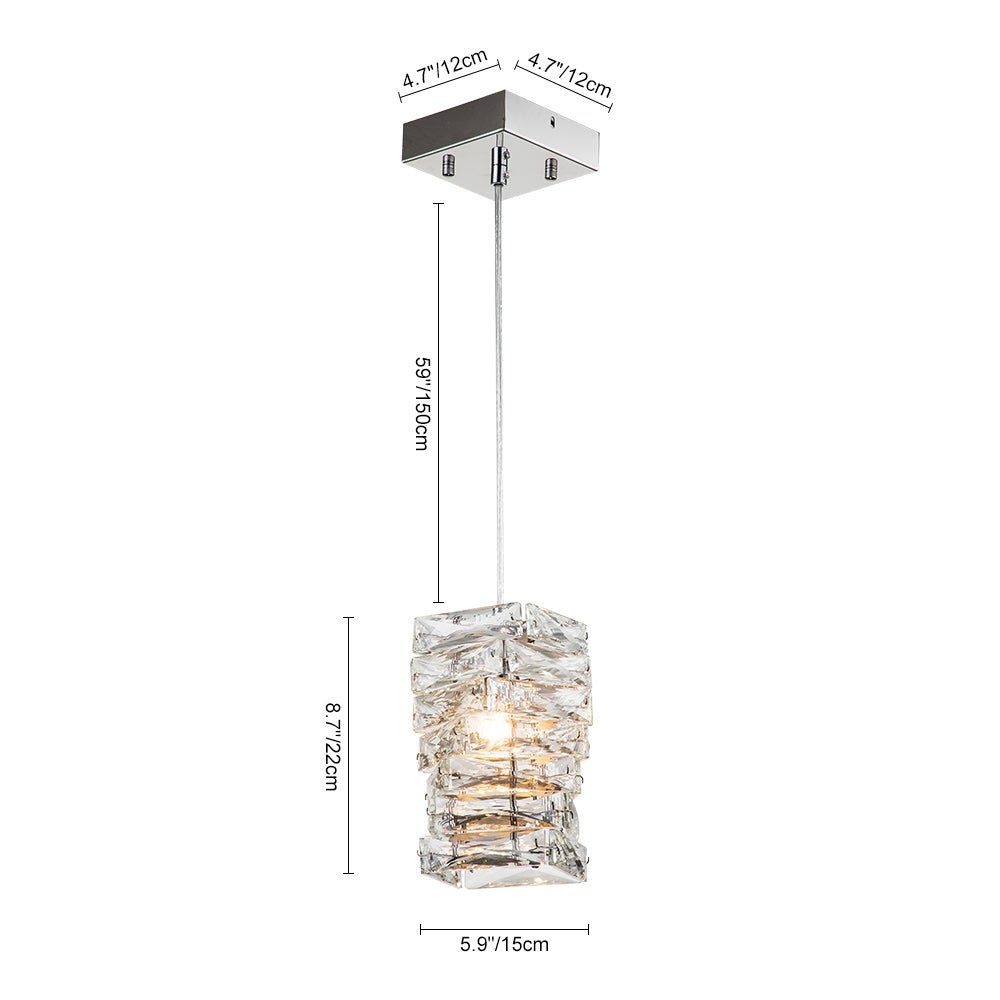 Modern Crystal Mini Pendant Chandelier, Single-Light, Adjustable Cable, Chrome Finish