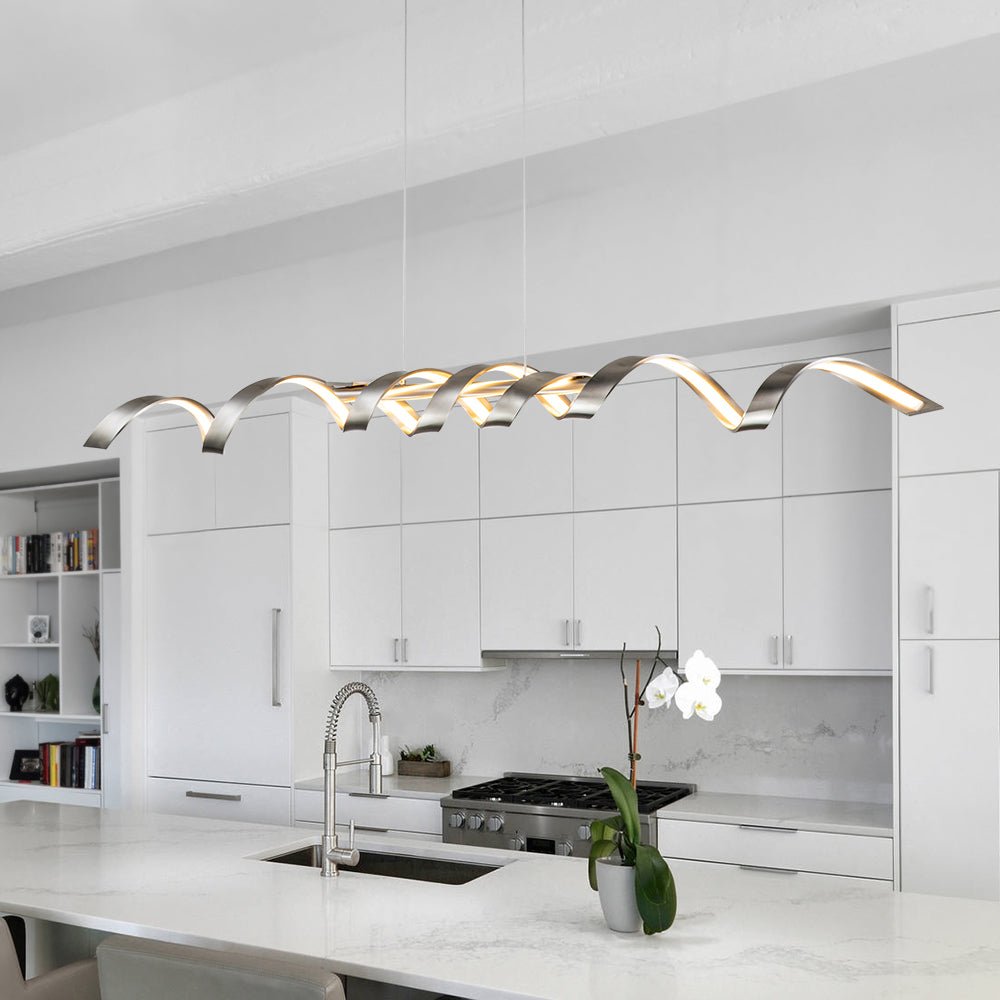 Modern Spiral LED Wavy Pendant Light for Kitchen Island, Dimmable, Height-Adjustable, Nickel/Black