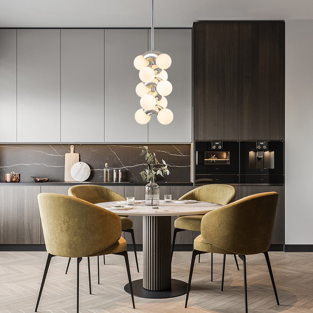 Modern Staggered Frosted Glass Globe 10-Light Pendant Chandelier, Chrome Finish, Dimmable
