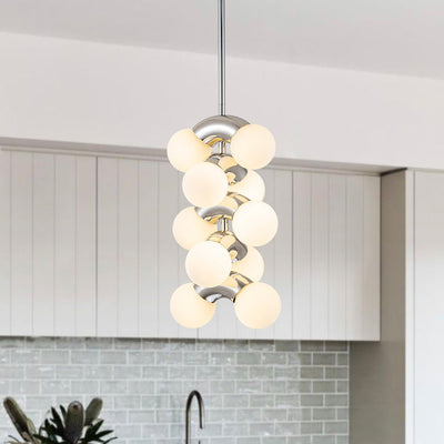Modern Staggered Frosted Glass Globe 10-Light Pendant Chandelier, Chrome Finish, Dimmable