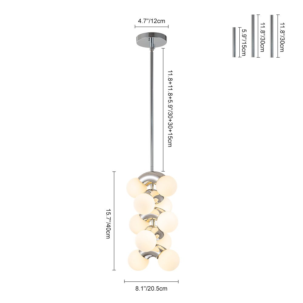 Modern Staggered Frosted Glass Globe 10-Light Pendant Chandelier, Chrome Finish, Dimmable
