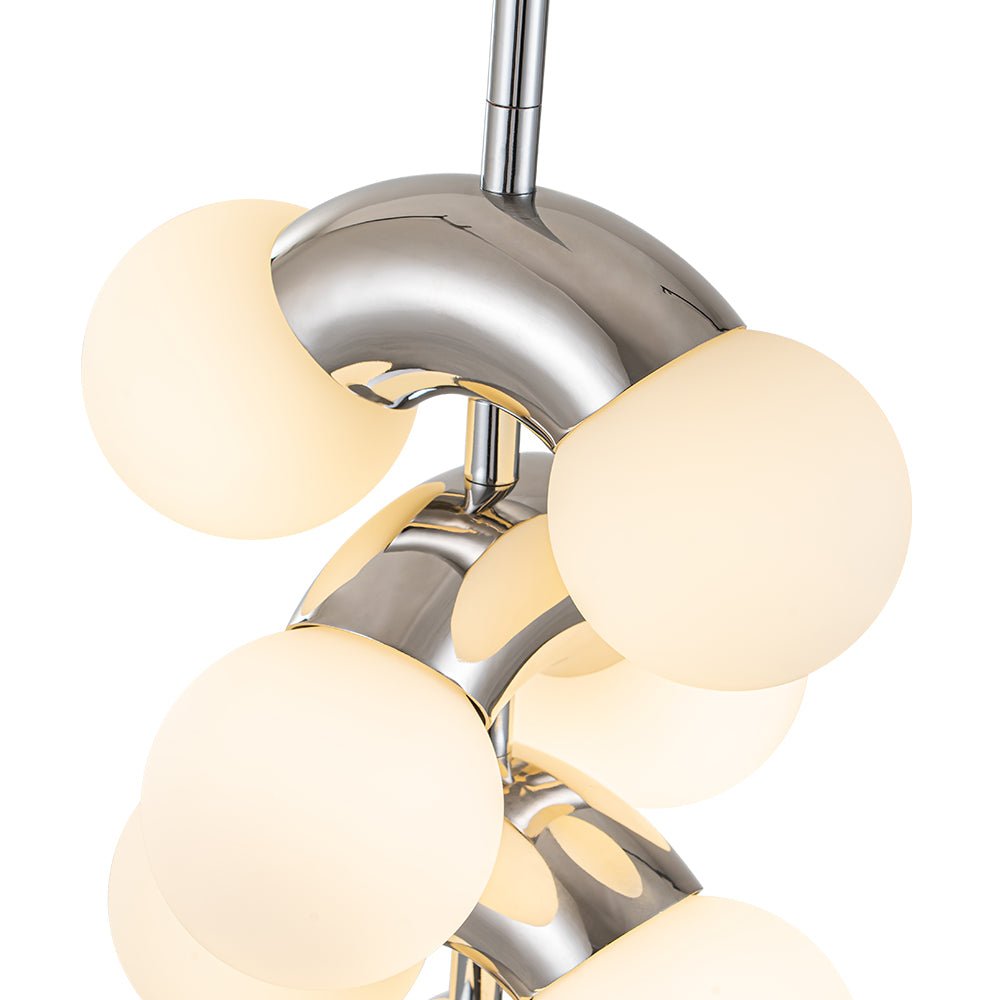 Modern Staggered Frosted Glass Globe 10-Light Pendant Chandelier, Chrome Finish, Dimmable