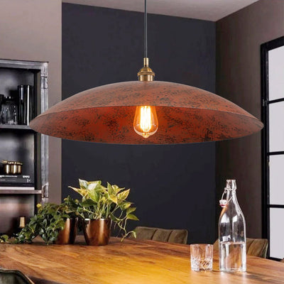 Oversized Dome Pendant Light, Industrial Modern Single Bulb Fixture, Brick Red Metal