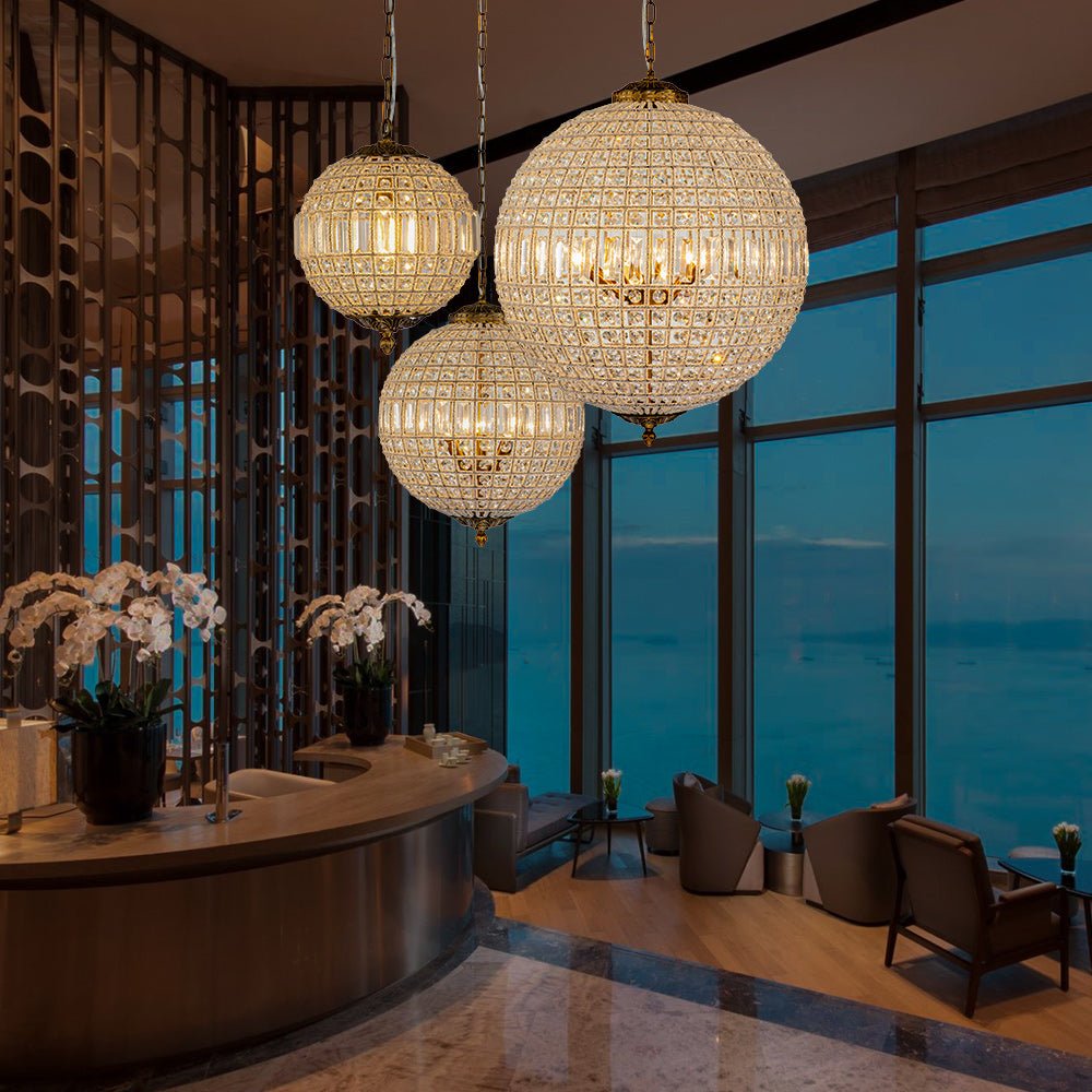 Elegant Faceted Crystal Globe Pendant Chandelier: Antique Brass, Entangled Beads, Dimmable