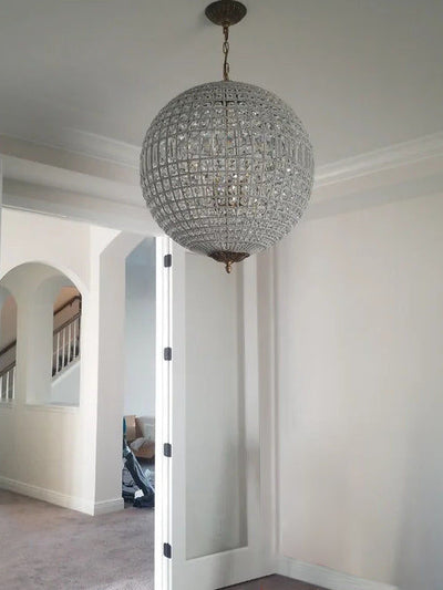Luxury 5-Light Crystal Globe Pendant Chandelier, Antique Brass Finish Orb Fixture