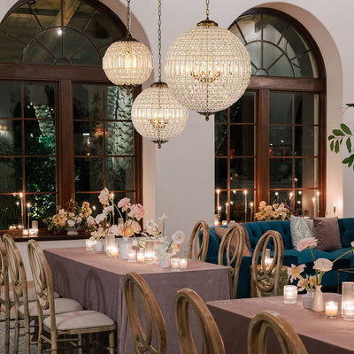 Elegant Faceted Crystal Globe Pendant Chandelier: Antique Brass, Entangled Beads, Dimmable
