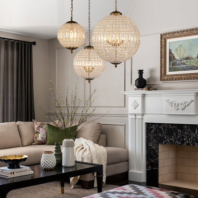 Luxury 5-Light Crystal Globe Pendant Chandelier, Antique Brass Finish Orb Fixture