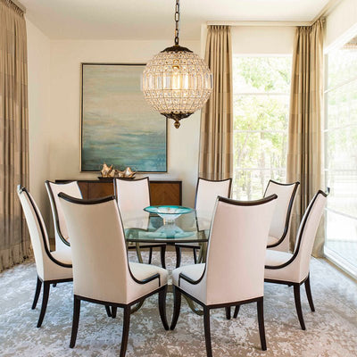 Elegant Faceted Crystal Globe Pendant Chandelier: Antique Brass, Entangled Beads, Dimmable