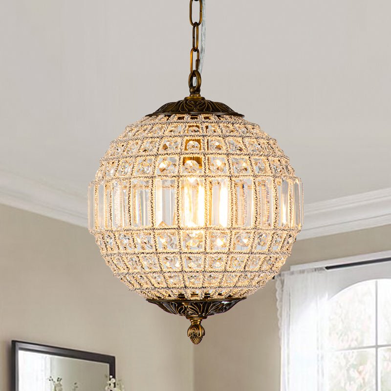 Elegant Faceted Crystal Globe Pendant Chandelier: Antique Brass, Entangled Beads, Dimmable
