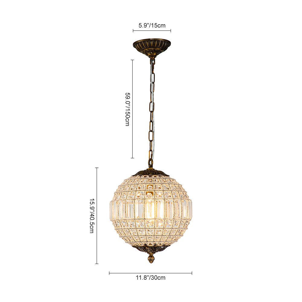 Elegant Faceted Crystal Globe Pendant Chandelier: Antique Brass, Entangled Beads, Dimmable