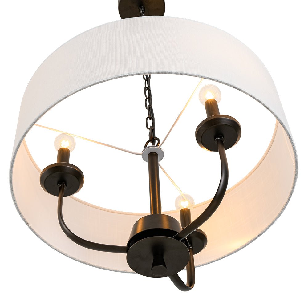 Traditional 3-Light Matte Black Fabric Drum Pendant, Dimmable, Adjustable Chain