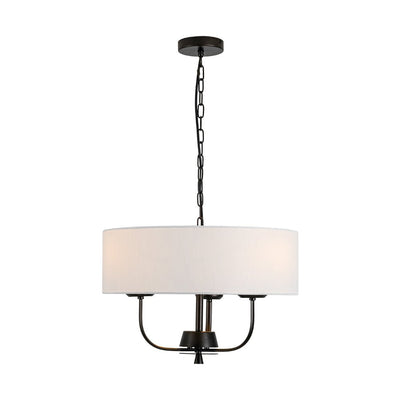 Traditional 3-Light Matte Black Fabric Drum Pendant, Dimmable, Adjustable Chain