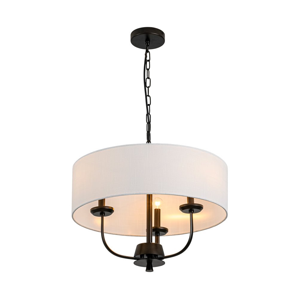 Traditional 3-Light Matte Black Fabric Drum Pendant, Dimmable, Adjustable Chain