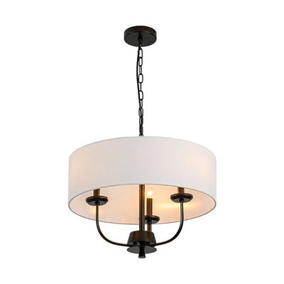 Traditional 3-Light Matte Black Fabric Drum Pendant, Dimmable, Adjustable Chain