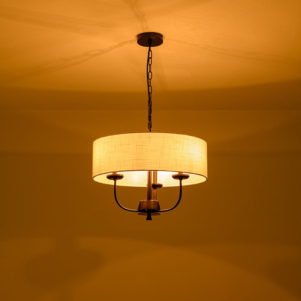 Traditional 3-Light Matte Black Fabric Drum Pendant, Dimmable, Adjustable Chain
