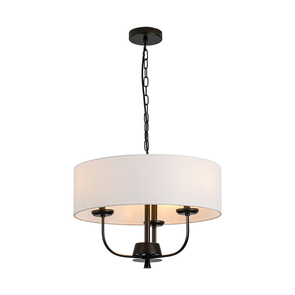 Traditional 3-Light Matte Black Fabric Drum Pendant, Dimmable, Adjustable Chain