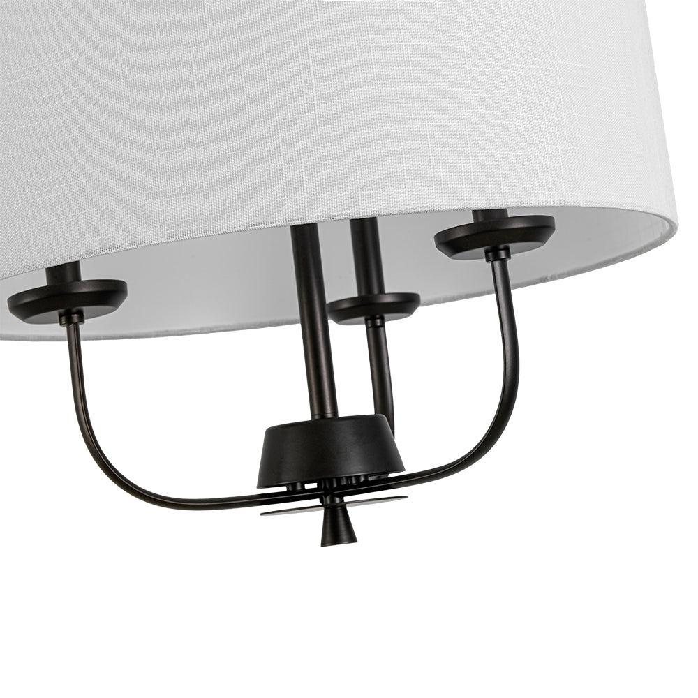 Traditional 3-Light Matte Black Fabric Drum Pendant, Dimmable, Adjustable Chain
