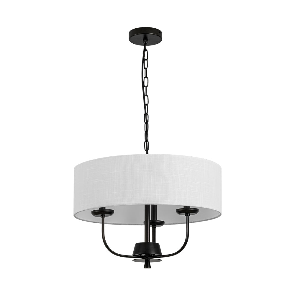Traditional 3-Light Matte Black Fabric Drum Pendant, Dimmable, Adjustable Chain