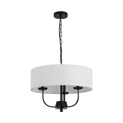 Traditional 3-Light Matte Black Fabric Drum Pendant, Dimmable, Adjustable Chain