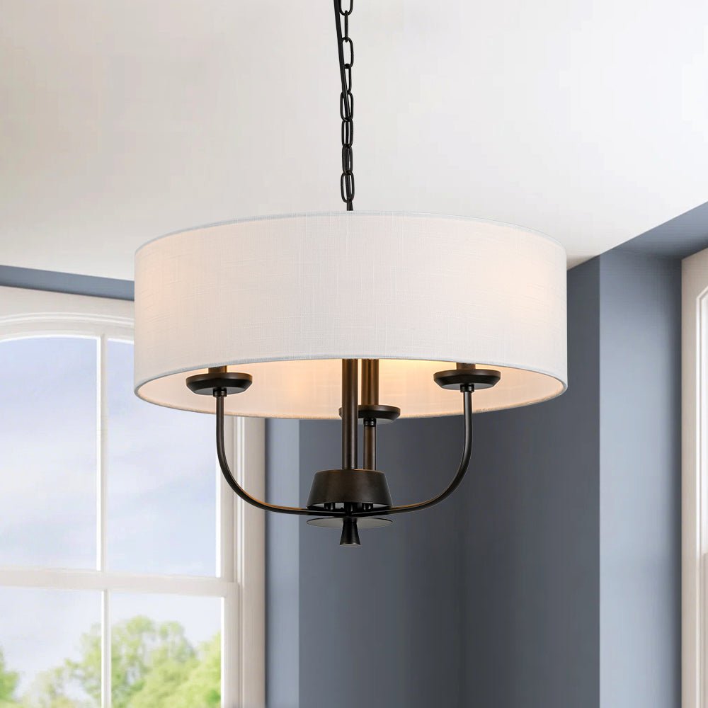Traditional 3-Light Matte Black Fabric Drum Pendant, Dimmable, Adjustable Chain