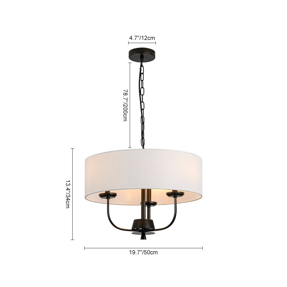 Traditional 3-Light Matte Black Fabric Drum Pendant, Dimmable, Adjustable Chain
